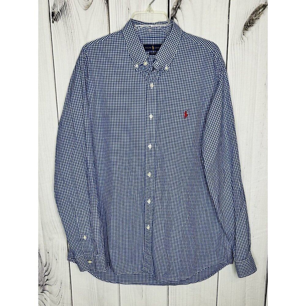 Ralph Lauren Button Down Shirt XL Blue Gingham Check Classic Fit Red Pony
